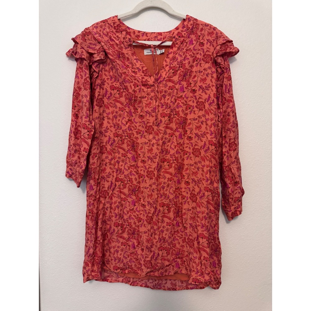 Vineyard Vines Pink Orange Floral Silk Blend Ruffle Shift Dress Medium AA - Picture 3 of 7